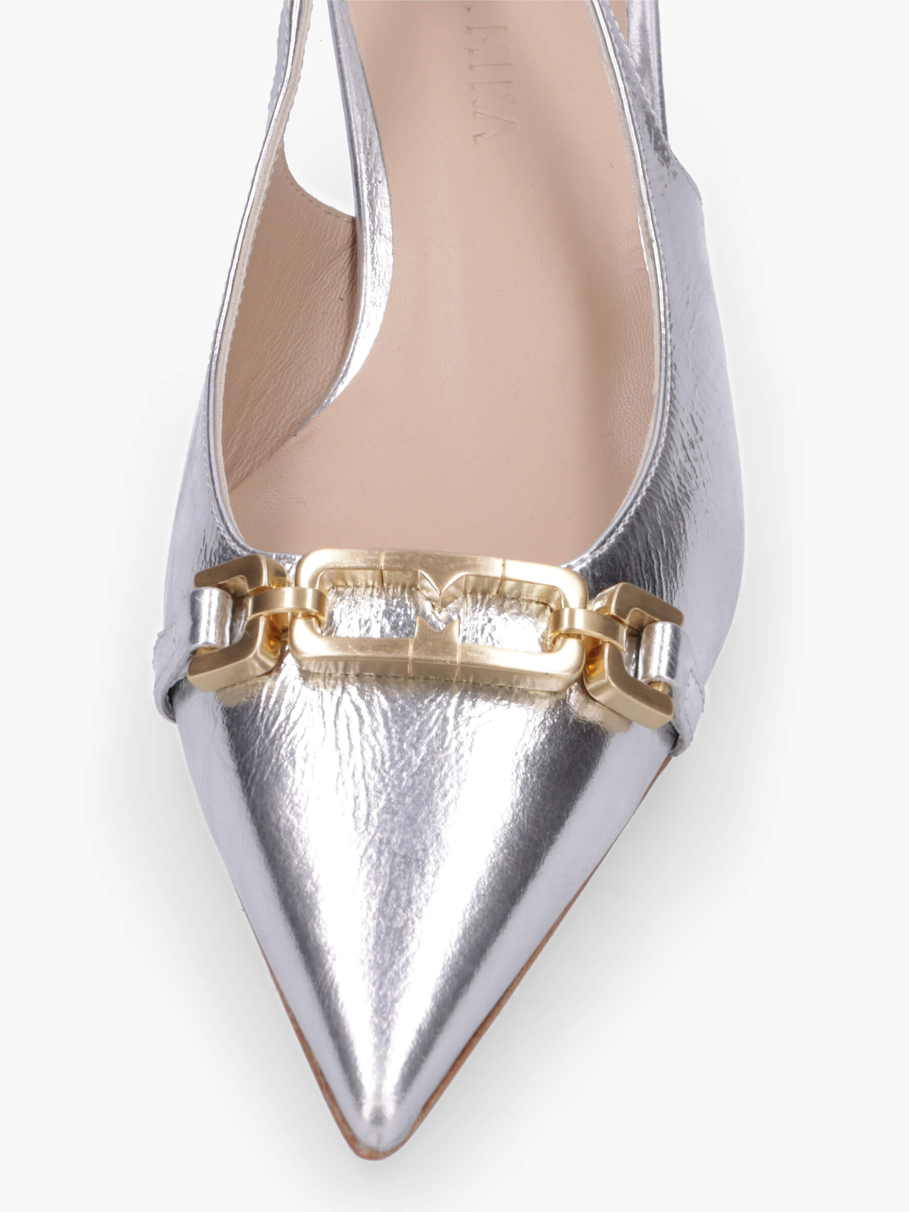 VIKA Metallic-Leder Silber, Schuhwerk, Schuh, Hoher Absatz, Zubehör, Schnalle