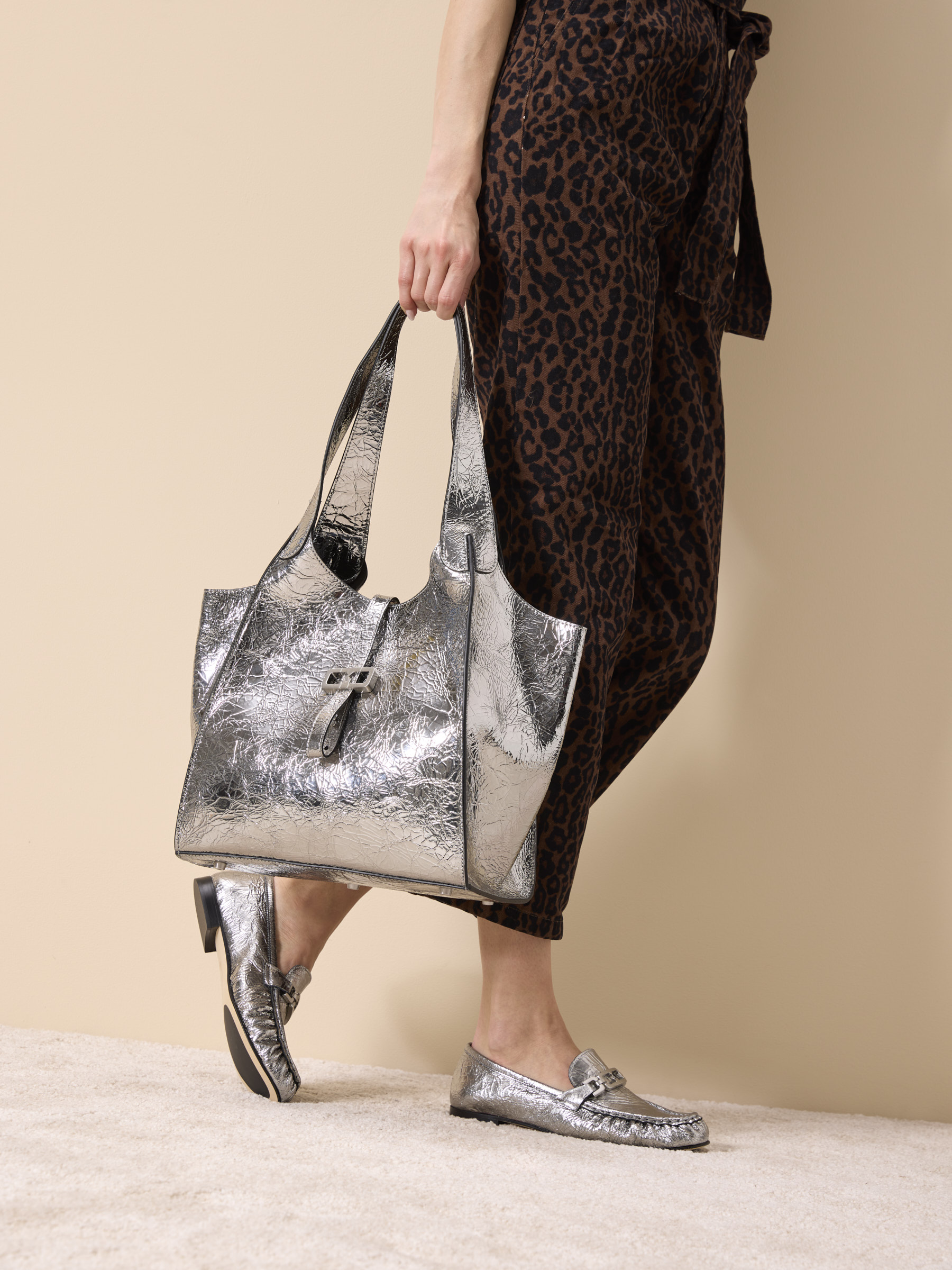 Lilou Metallic-Leder Silber, Tasche, Handtasche, Schuh, Hoher Absatz, Geldbörse